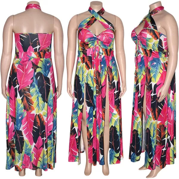 Womens Sexy Plus Size Halter Neck Floral Print Split Beach Party Maxi DressRose Red