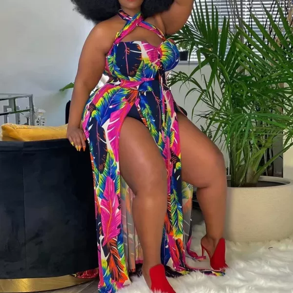 Womens Sexy Plus Size Halter Neck Floral Print Split Beach Party Maxi DressRose Red