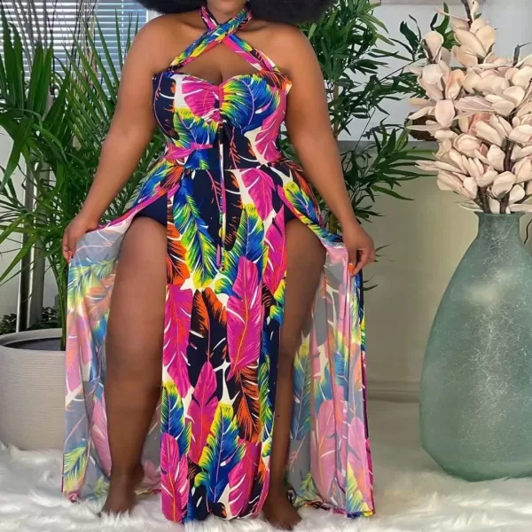 Womens Sexy Plus Size Halter Neck Floral Print Split Beach Party Maxi DressRose Red