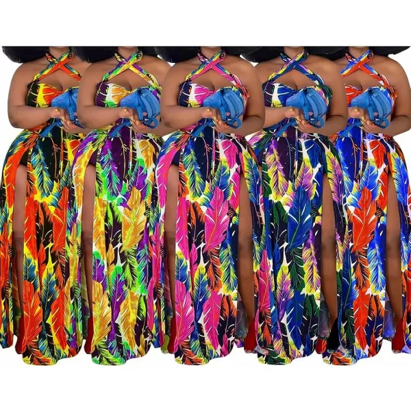 Womens Sexy Plus Size Halter Neck Floral Print Split Beach Party Maxi DressYellow