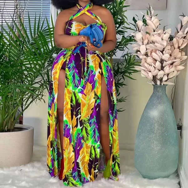 Womens Sexy Plus Size Halter Neck Floral Print Split Beach Party Maxi DressYellow
