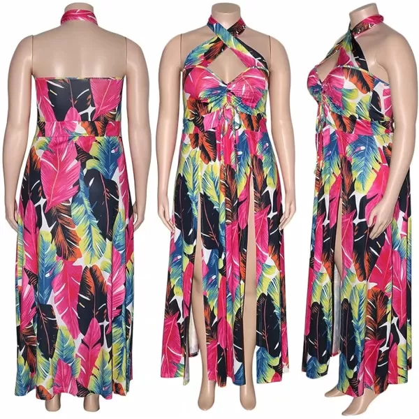 Womens Sexy Plus Size Halter Neck Floral Print Split Beach Party Maxi DressYellow