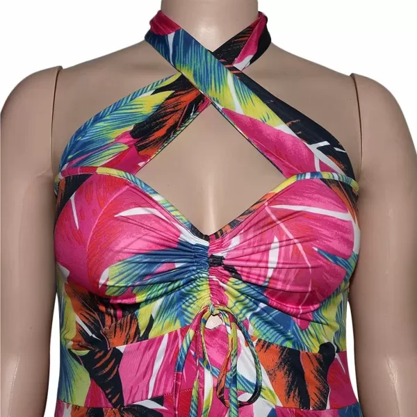Womens Sexy Plus Size Halter Neck Floral Print Split Beach Party Maxi DressYellow