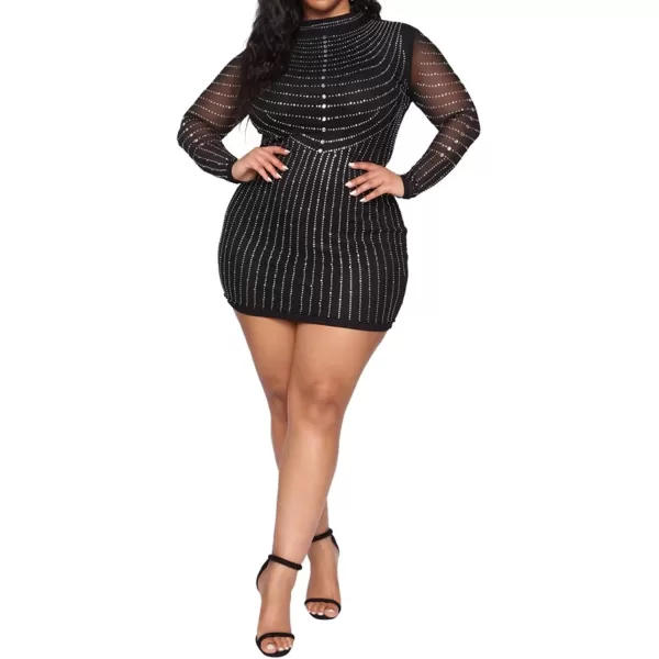 Womens Sexy Plus Size Long Sleeve Rhinestone Mesh See Through Bodycon Party Club Mini Dress Clubwear419 Black