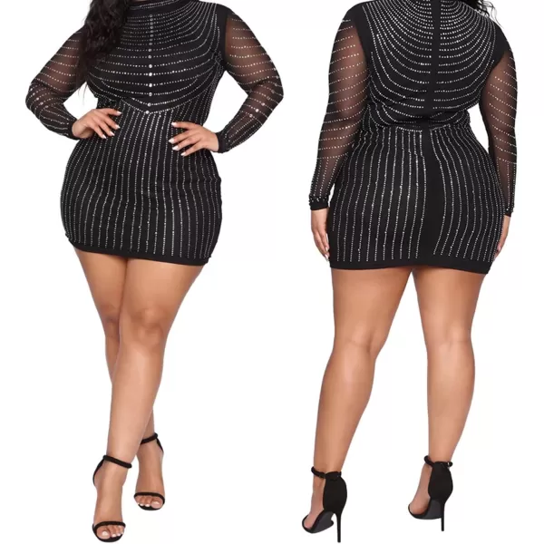Womens Sexy Plus Size Long Sleeve Rhinestone Mesh See Through Bodycon Party Club Mini Dress Clubwear419 Black