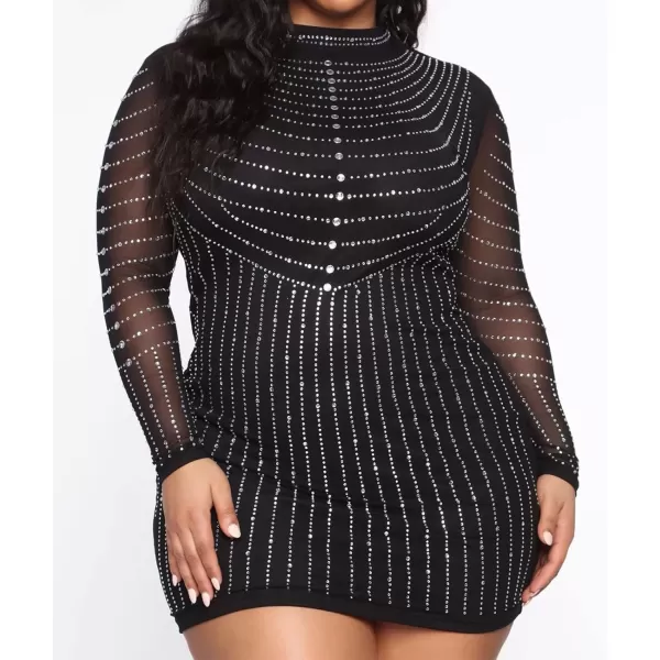 Womens Sexy Plus Size Long Sleeve Rhinestone Mesh See Through Bodycon Party Club Mini Dress Clubwear419 Black