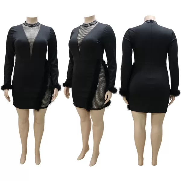 Womens Sexy Plus Size Long Sleeve Rhinestone Mesh See Through Bodycon Party Club Mini Dress Clubwear856 Black