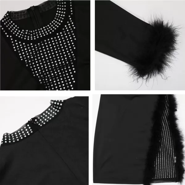 Womens Sexy Plus Size Long Sleeve Rhinestone Mesh See Through Bodycon Party Club Mini Dress Clubwear856 Black
