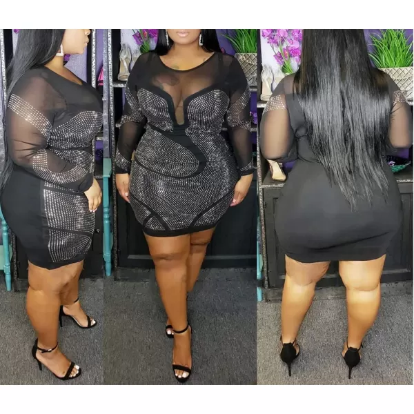 Womens Sexy Plus Size Long Sleeve Rhinestone Mesh See Through Bodycon Party Club Mini Dress ClubwearBlack