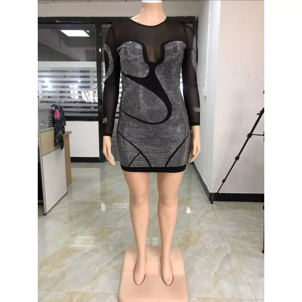 Womens Sexy Plus Size Long Sleeve Rhinestone Mesh See Through Bodycon Party Club Mini Dress ClubwearBlack