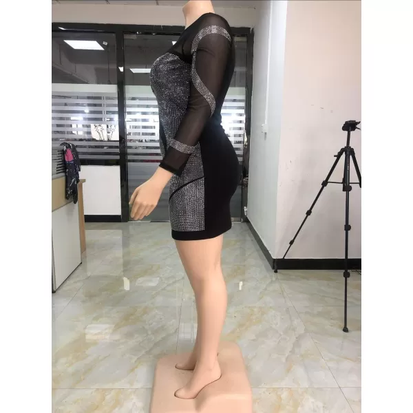Womens Sexy Plus Size Long Sleeve Rhinestone Mesh See Through Bodycon Party Club Mini Dress ClubwearBlack