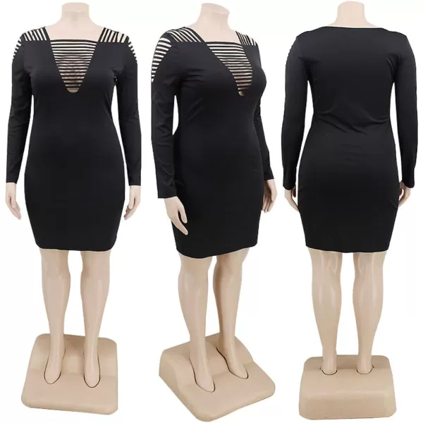 Womens Sexy Plus Size Long Sleeve Rhinestone Mesh See Through Bodycon Party Club Mini Dress ClubwearBlack3