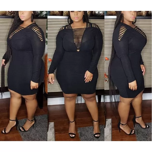 Womens Sexy Plus Size Long Sleeve Rhinestone Mesh See Through Bodycon Party Club Mini Dress ClubwearBlack3