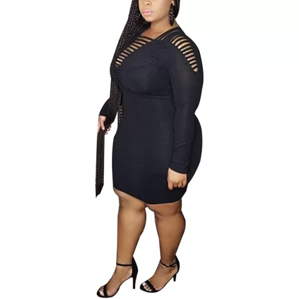 Womens Sexy Plus Size Long Sleeve Rhinestone Mesh See Through Bodycon Party Club Mini Dress ClubwearBlack3