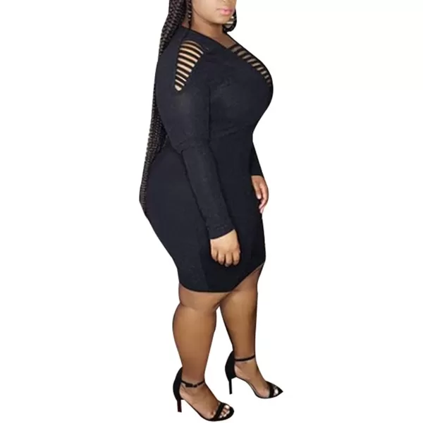 Womens Sexy Plus Size Long Sleeve Rhinestone Mesh See Through Bodycon Party Club Mini Dress ClubwearBlack3