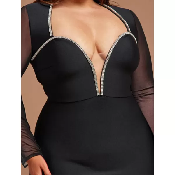 Womens Sexy Plus Size Long Sleeve Rhinestone Mesh See Through Bodycon Party Club Mini Dress ClubwearBlack4