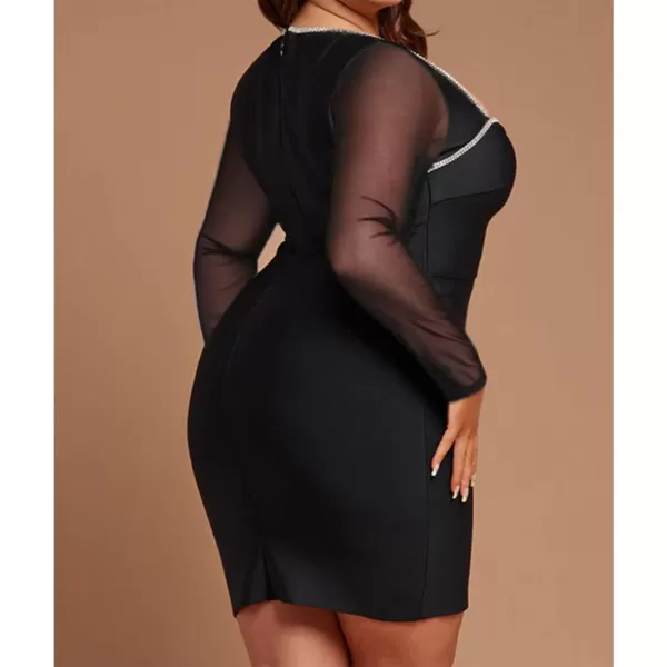 Womens Sexy Plus Size Long Sleeve Rhinestone Mesh See Through Bodycon Party Club Mini Dress ClubwearBlack4