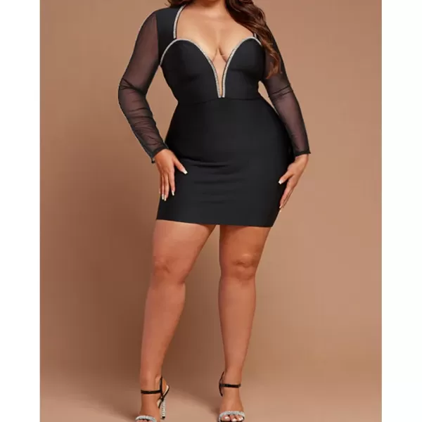 Womens Sexy Plus Size Long Sleeve Rhinestone Mesh See Through Bodycon Party Club Mini Dress ClubwearBlack4