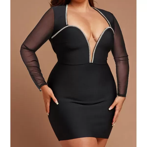 Womens Sexy Plus Size Long Sleeve Rhinestone Mesh See Through Bodycon Party Club Mini Dress ClubwearBlack4