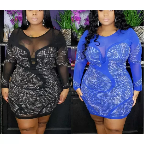 Womens Sexy Plus Size Long Sleeve Rhinestone Mesh See Through Bodycon Party Club Mini Dress ClubwearBlue