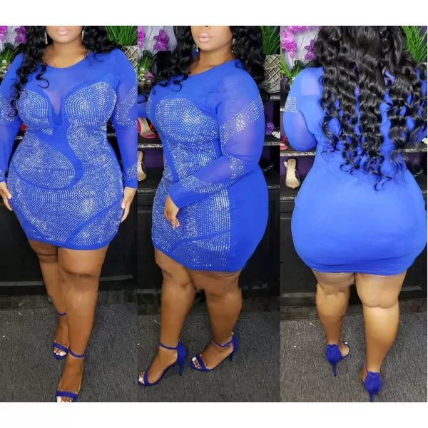 Womens Sexy Plus Size Long Sleeve Rhinestone Mesh See Through Bodycon Party Club Mini Dress ClubwearBlue