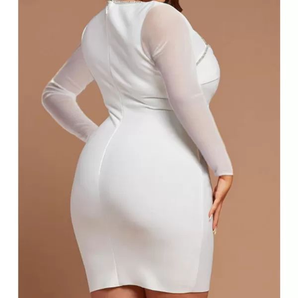 Womens Sexy Plus Size Long Sleeve Rhinestone Mesh See Through Bodycon Party Club Mini Dress ClubwearMesh White