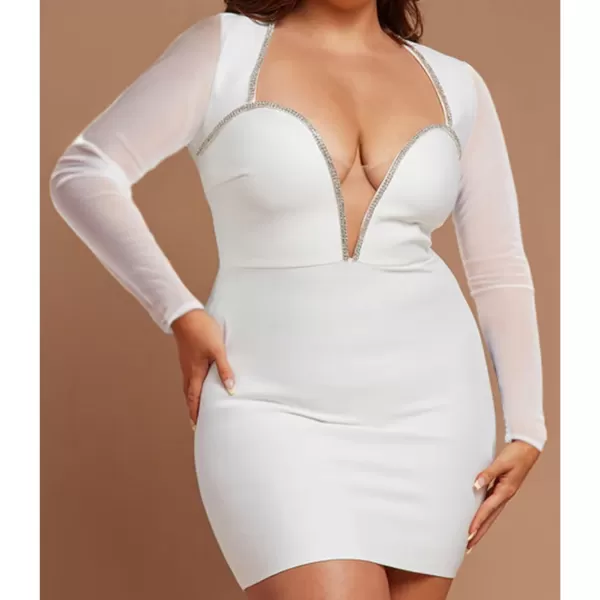 Womens Sexy Plus Size Long Sleeve Rhinestone Mesh See Through Bodycon Party Club Mini Dress ClubwearMesh White