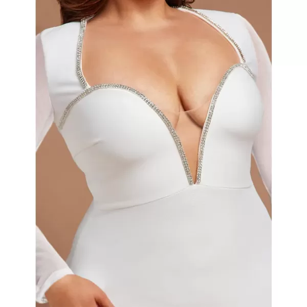 Womens Sexy Plus Size Long Sleeve Rhinestone Mesh See Through Bodycon Party Club Mini Dress ClubwearMesh White