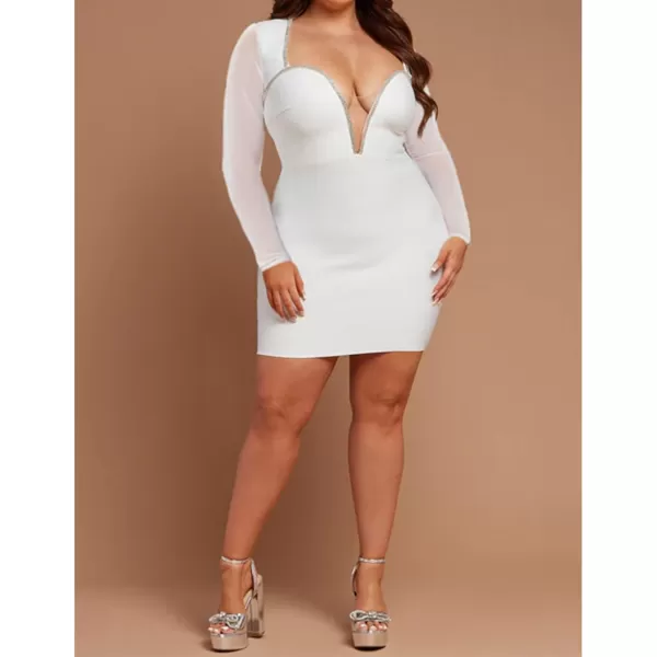 Womens Sexy Plus Size Long Sleeve Rhinestone Mesh See Through Bodycon Party Club Mini Dress ClubwearMesh White