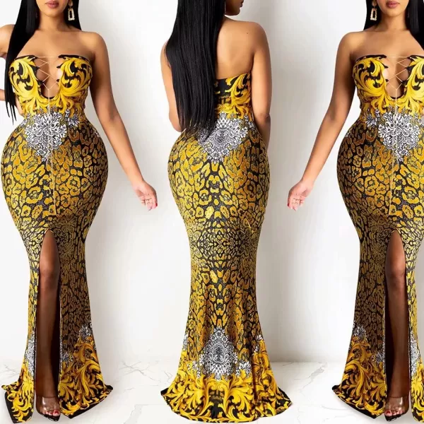 Womens Spaghetti Strap Leaf Printed Maxi Dress Bandage Bodycon Beach Holiday Long Dress166 Dark Yellow