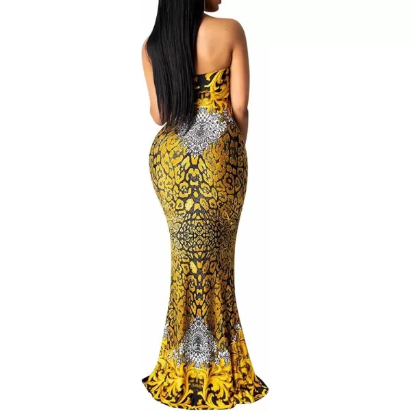 Womens Spaghetti Strap Leaf Printed Maxi Dress Bandage Bodycon Beach Holiday Long Dress166 Dark Yellow