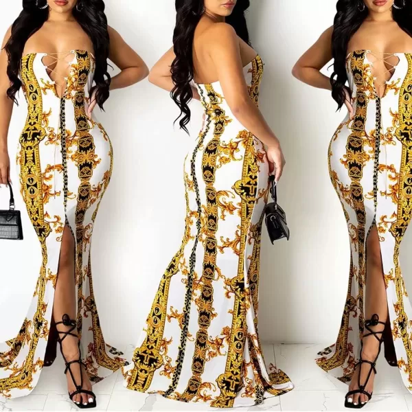 Womens Spaghetti Strap Leaf Printed Maxi Dress Bandage Bodycon Beach Holiday Long Dress166 Light Yellow