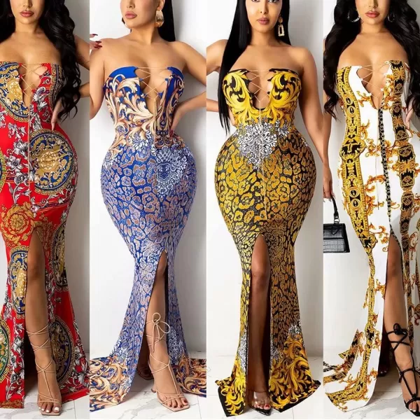 Womens Spaghetti Strap Leaf Printed Maxi Dress Bandage Bodycon Beach Holiday Long Dress166 Light Yellow