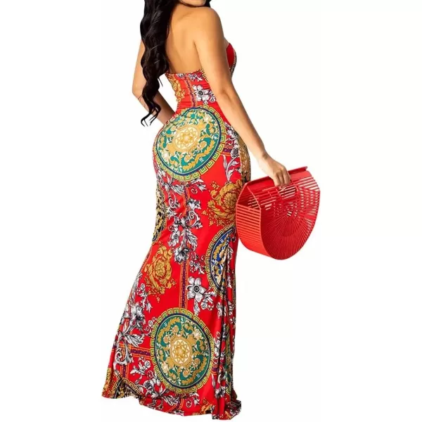 Womens Spaghetti Strap Leaf Printed Maxi Dress Bandage Bodycon Beach Holiday Long Dress166 Red