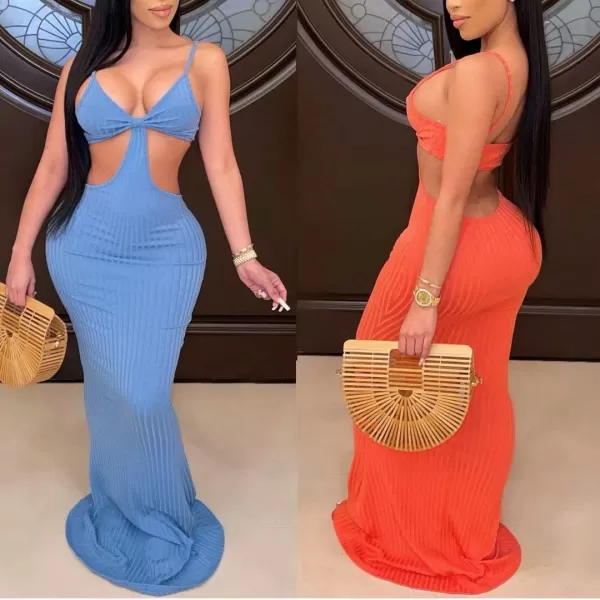 Womens Spaghetti Strap Leaf Printed Maxi Dress Bandage Bodycon Beach Holiday Long Dress315 Light Blue