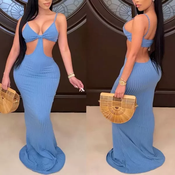 Womens Spaghetti Strap Leaf Printed Maxi Dress Bandage Bodycon Beach Holiday Long Dress315 Light Blue