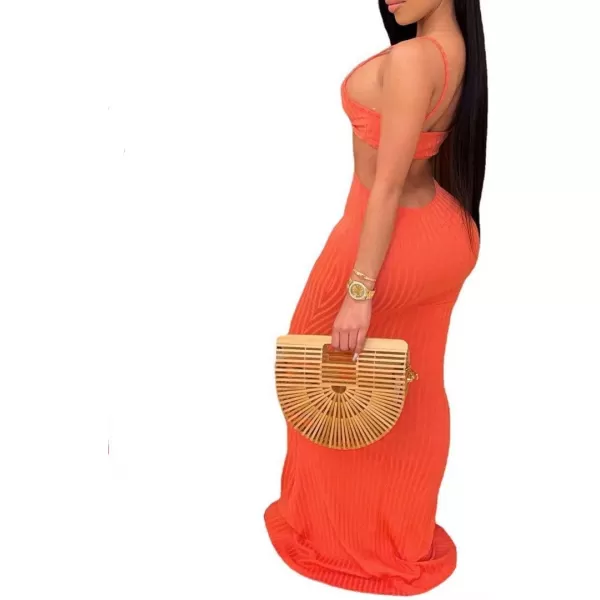 Womens Spaghetti Strap Leaf Printed Maxi Dress Bandage Bodycon Beach Holiday Long Dress315 Orange