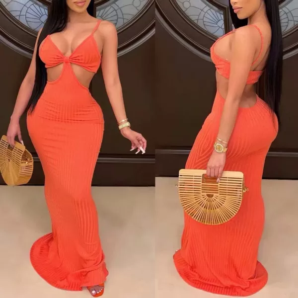 Womens Spaghetti Strap Leaf Printed Maxi Dress Bandage Bodycon Beach Holiday Long Dress315 Orange