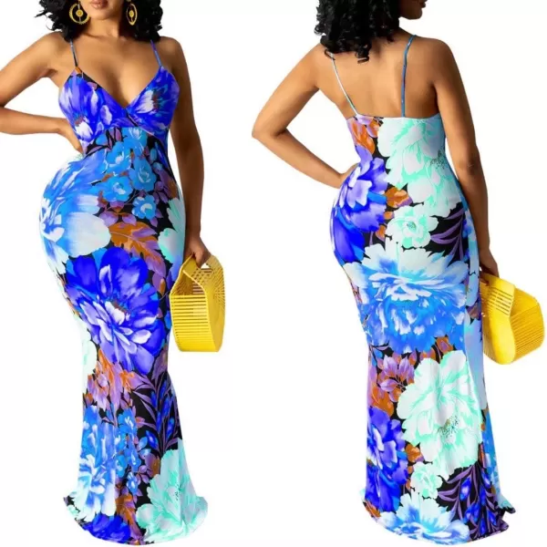 Womens Spaghetti Strap Leaf Printed Maxi Dress Bandage Bodycon Beach Holiday Long Dress785 Blue