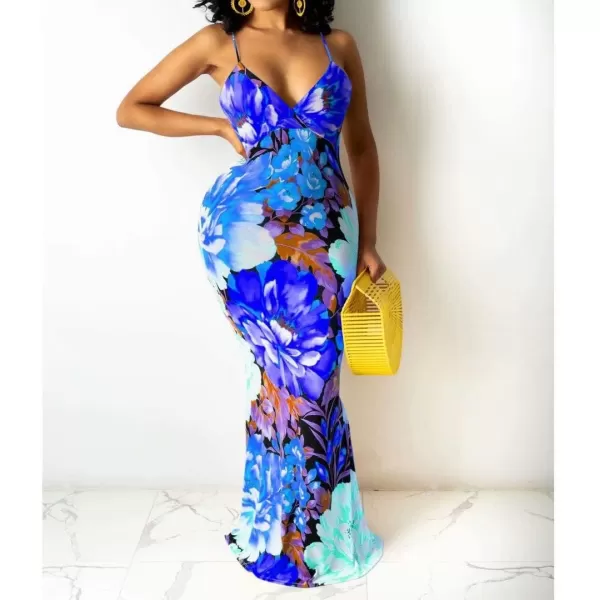 Womens Spaghetti Strap Leaf Printed Maxi Dress Bandage Bodycon Beach Holiday Long Dress785 Blue