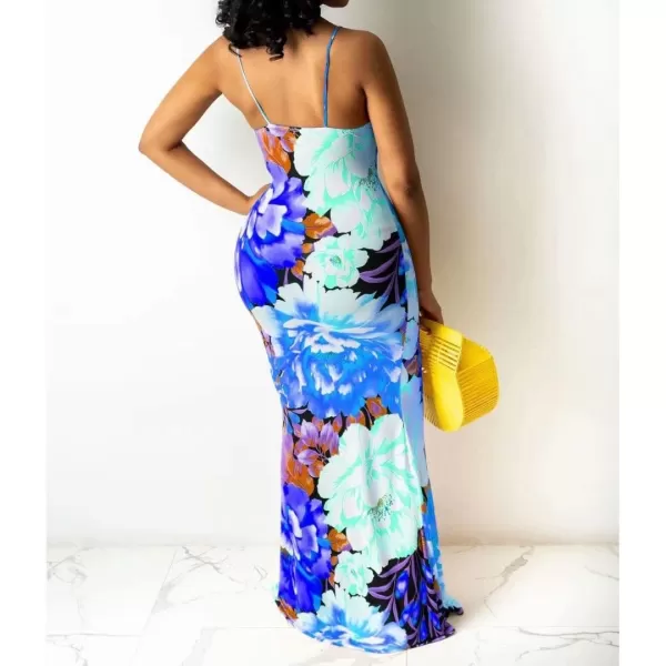 Womens Spaghetti Strap Leaf Printed Maxi Dress Bandage Bodycon Beach Holiday Long Dress785 Blue