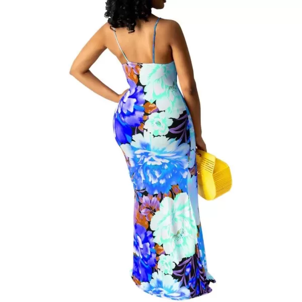 Womens Spaghetti Strap Leaf Printed Maxi Dress Bandage Bodycon Beach Holiday Long Dress785 Blue