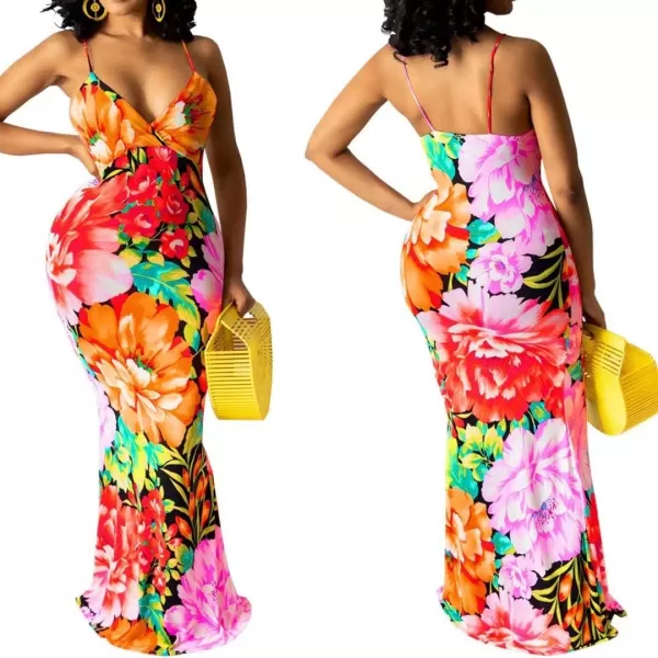 Womens Spaghetti Strap Leaf Printed Maxi Dress Bandage Bodycon Beach Holiday Long Dress785 Orange