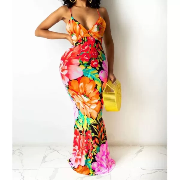 Womens Spaghetti Strap Leaf Printed Maxi Dress Bandage Bodycon Beach Holiday Long Dress785 Orange