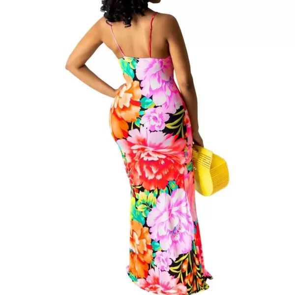 Womens Spaghetti Strap Leaf Printed Maxi Dress Bandage Bodycon Beach Holiday Long Dress785 Orange