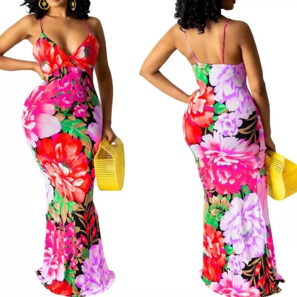Womens Spaghetti Strap Leaf Printed Maxi Dress Bandage Bodycon Beach Holiday Long Dress785 Red