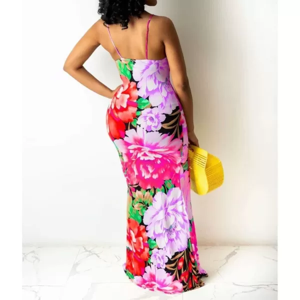 Womens Spaghetti Strap Leaf Printed Maxi Dress Bandage Bodycon Beach Holiday Long Dress785 Red