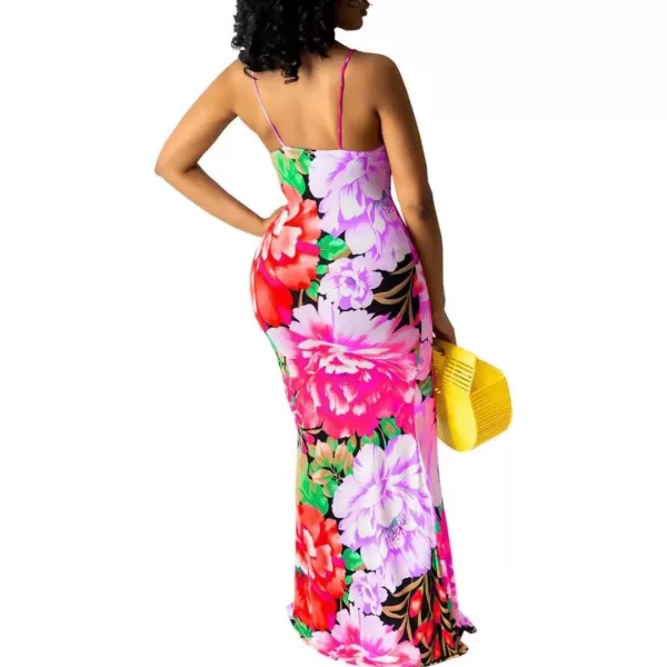 Womens Spaghetti Strap Leaf Printed Maxi Dress Bandage Bodycon Beach Holiday Long Dress785 Red