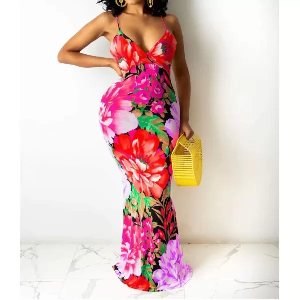 Womens Spaghetti Strap Leaf Printed Maxi Dress Bandage Bodycon Beach Holiday Long Dress785 Red