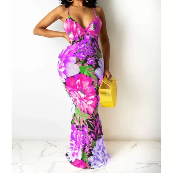 Womens Spaghetti Strap Leaf Printed Maxi Dress Bandage Bodycon Beach Holiday Long Dress785 Rose Red